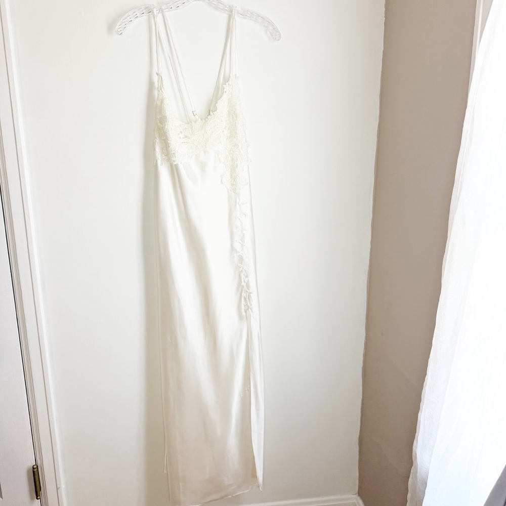 Vintage Flora Luscious Satin Slip Gown with White Lace-Trim, Side Slit